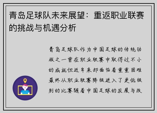青岛足球队未来展望：重返职业联赛的挑战与机遇分析